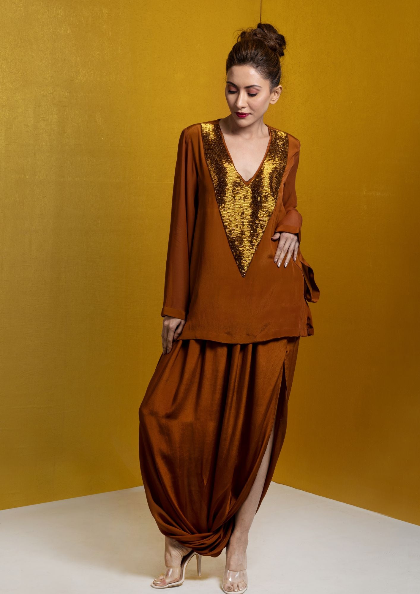 Saddle brown kaftan top with drape dhoti skirt