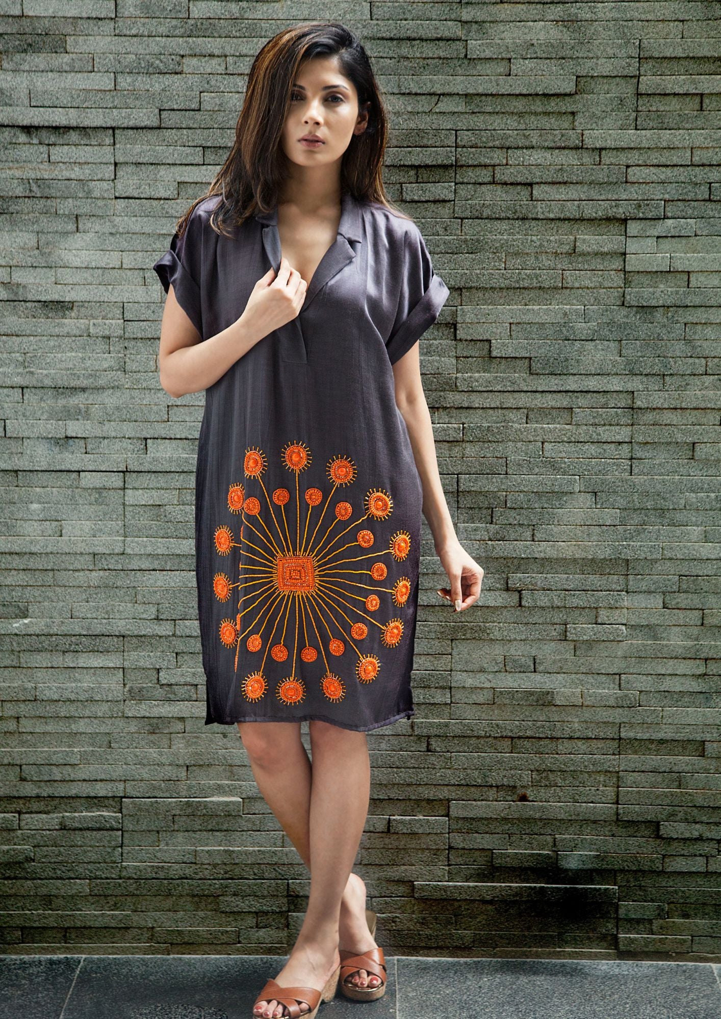 Charcoal grey shirt dress with bead work detailing