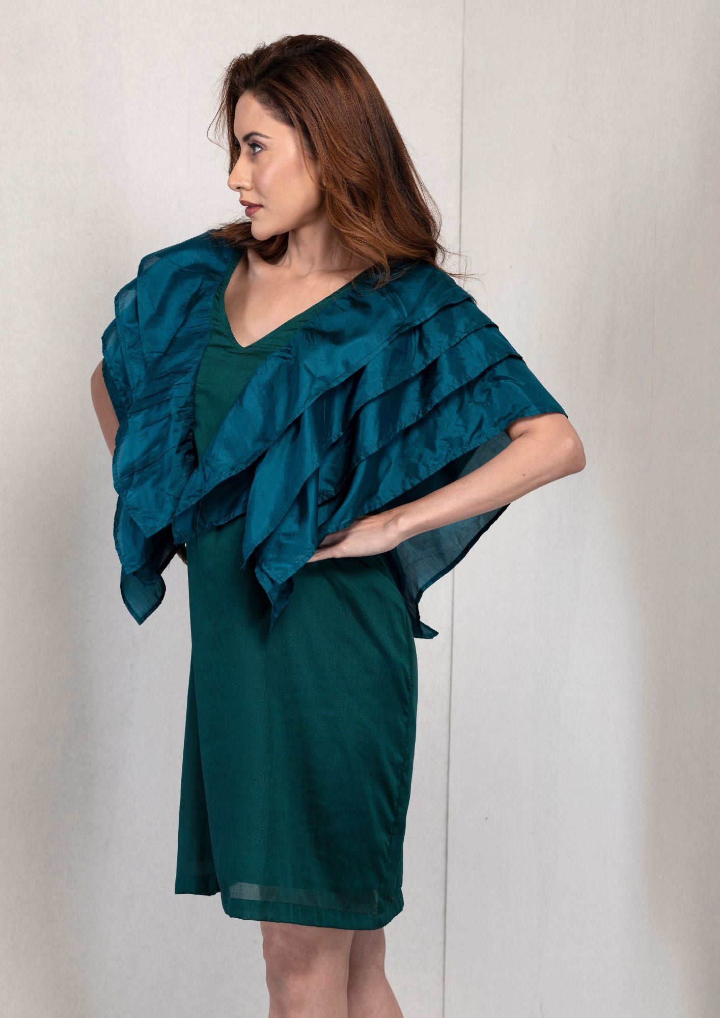 Emerald silk ruffle dress