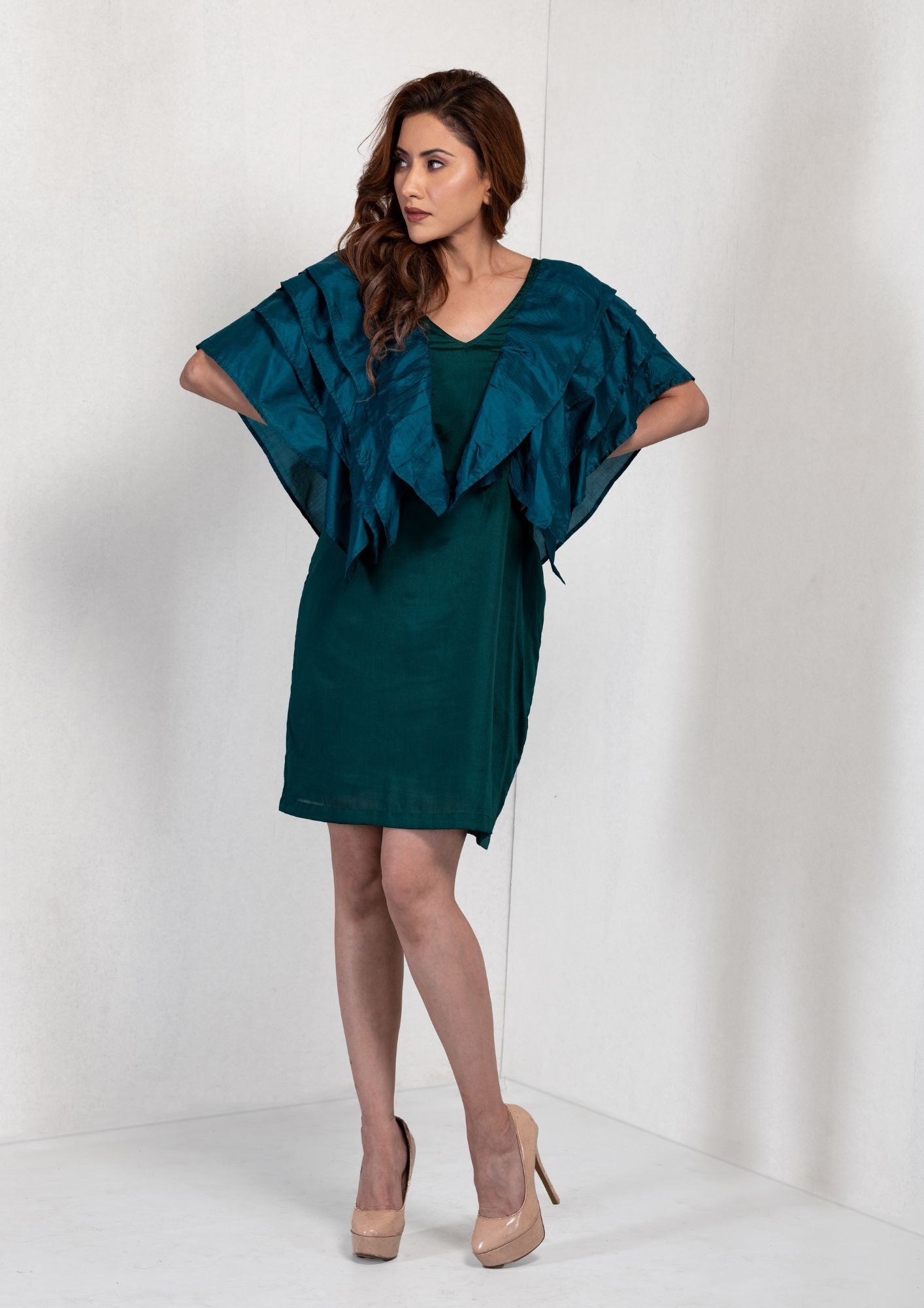 Emerald silk ruffle dress