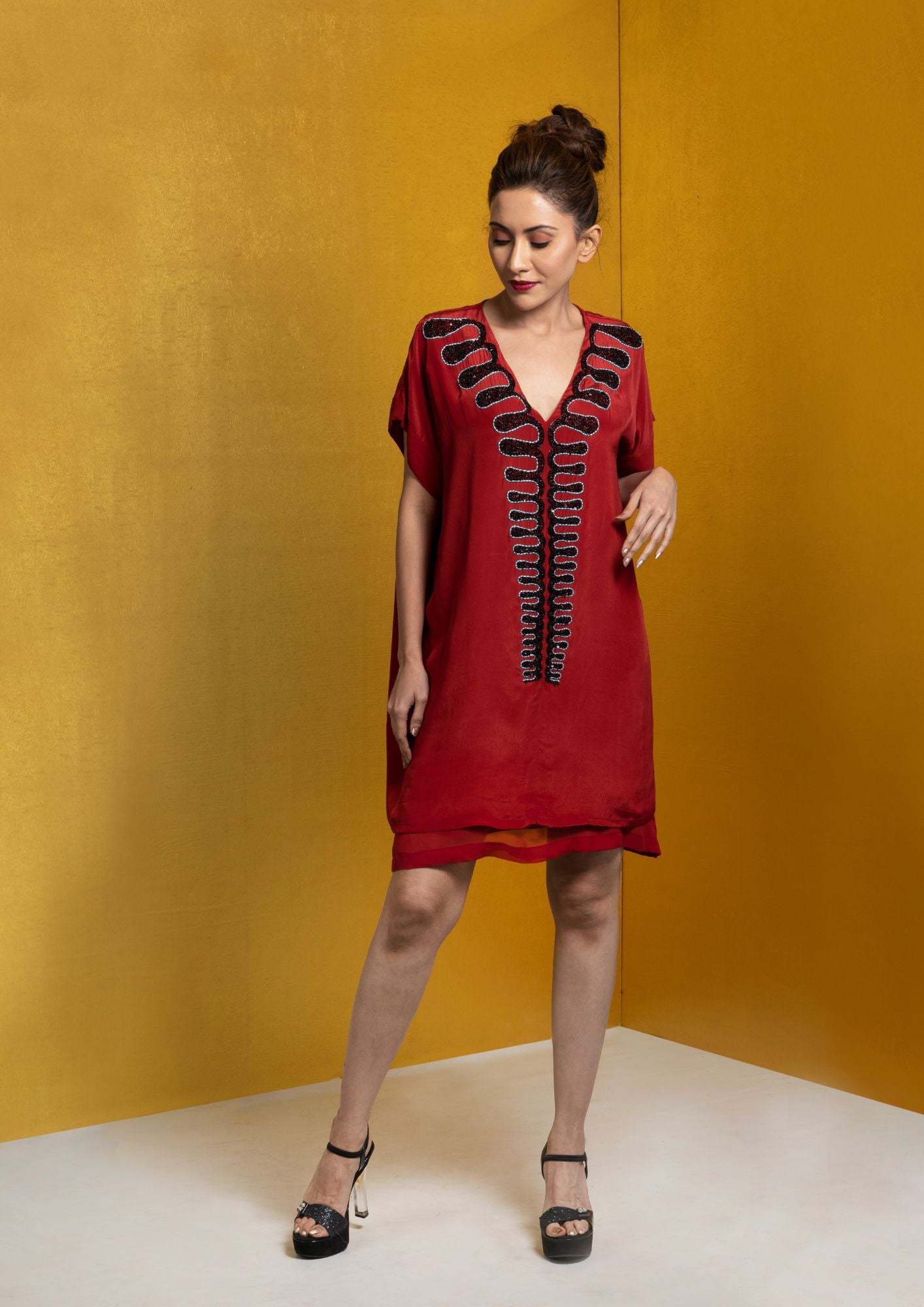 Red shift dress with embroidered yoke