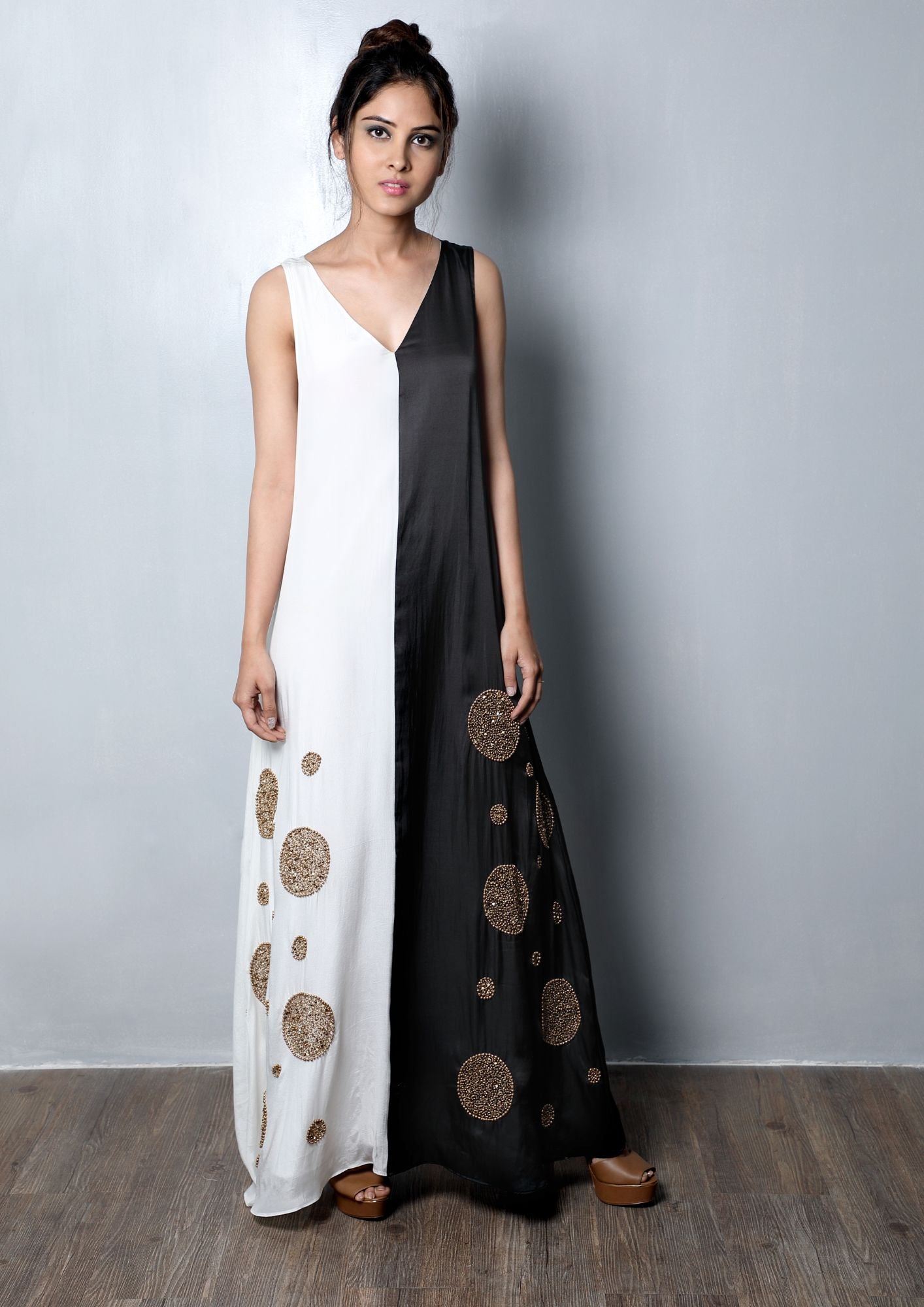 Black and white half and half long dress