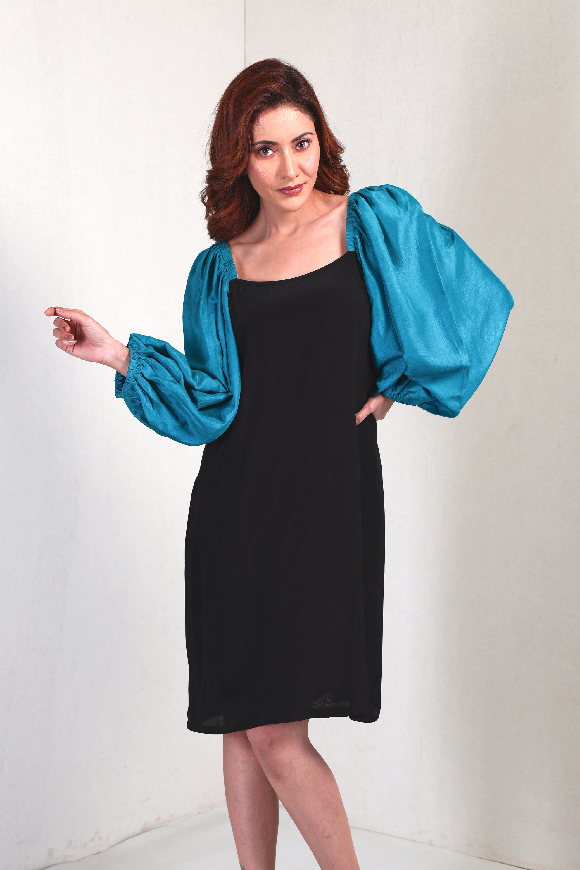 Black parisan dress with silk bishop sleeve